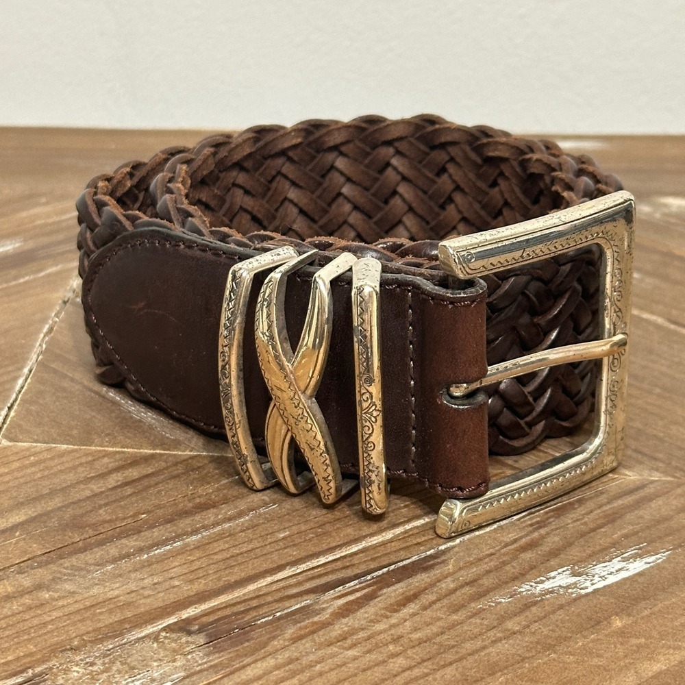 Vintage Brighton Brown Woven Braided Leather Belt Silver Buckle XS/26 97068